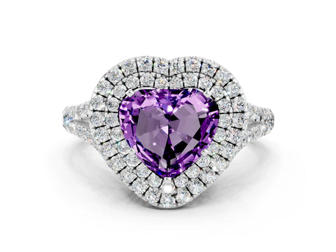 White gold Double Halo Heart Cut Amethyst Split Shank Engagement Ring with Four-Prong Setting
