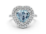 White gold Double Halo Heart Cut Aquamarine Pavé Band with Four-Prong Setting