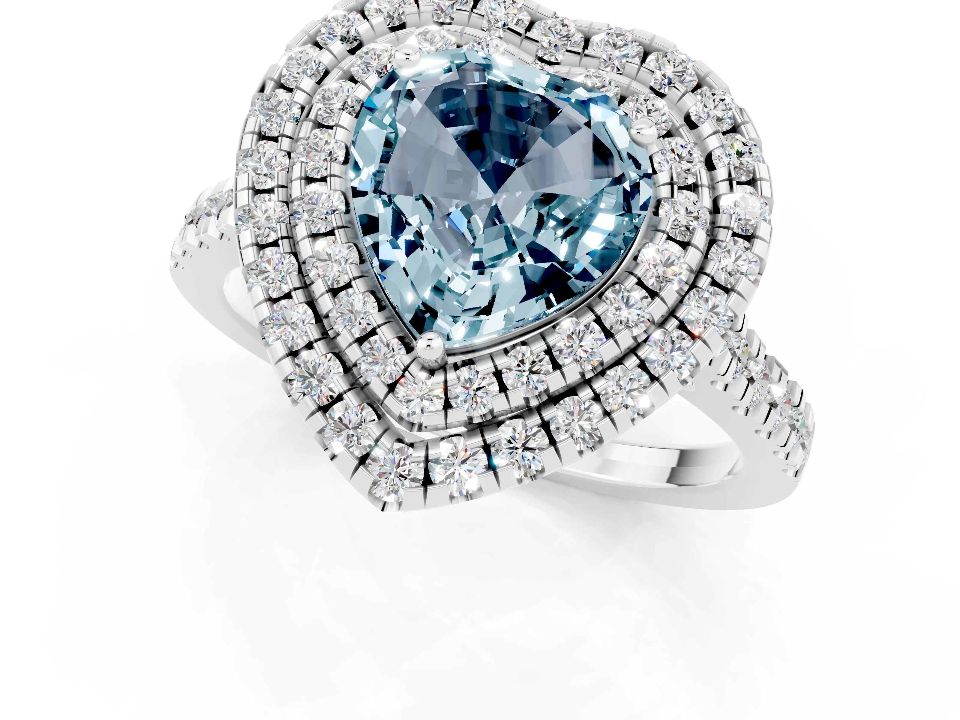 White gold Double Halo Heart Cut Aquamarine Pavé Band with Four-Prong Setting_1