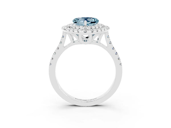 Platinum Double Halo Heart Cut Aquamarine Pavé Band with Four-Prong Setting