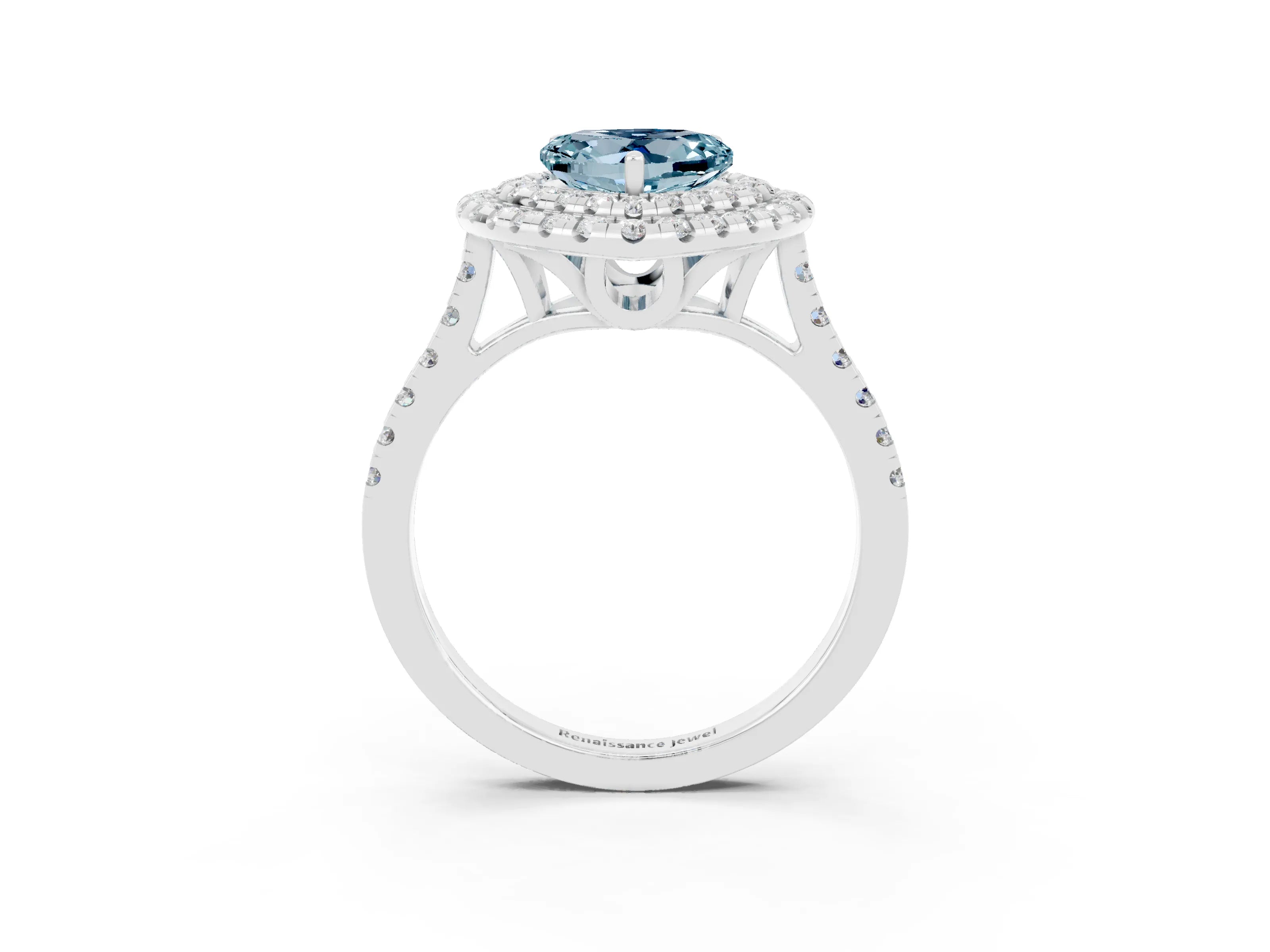 White gold Double Halo Heart Cut Aquamarine Pavé Band with Four-Prong Setting_3