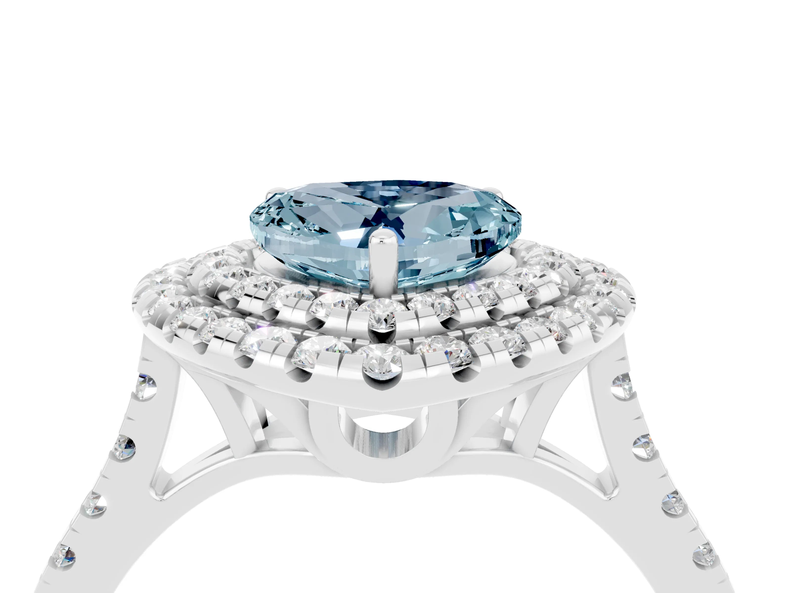 White gold Double Halo Heart Cut Aquamarine Pavé Band with Four-Prong Setting_4
