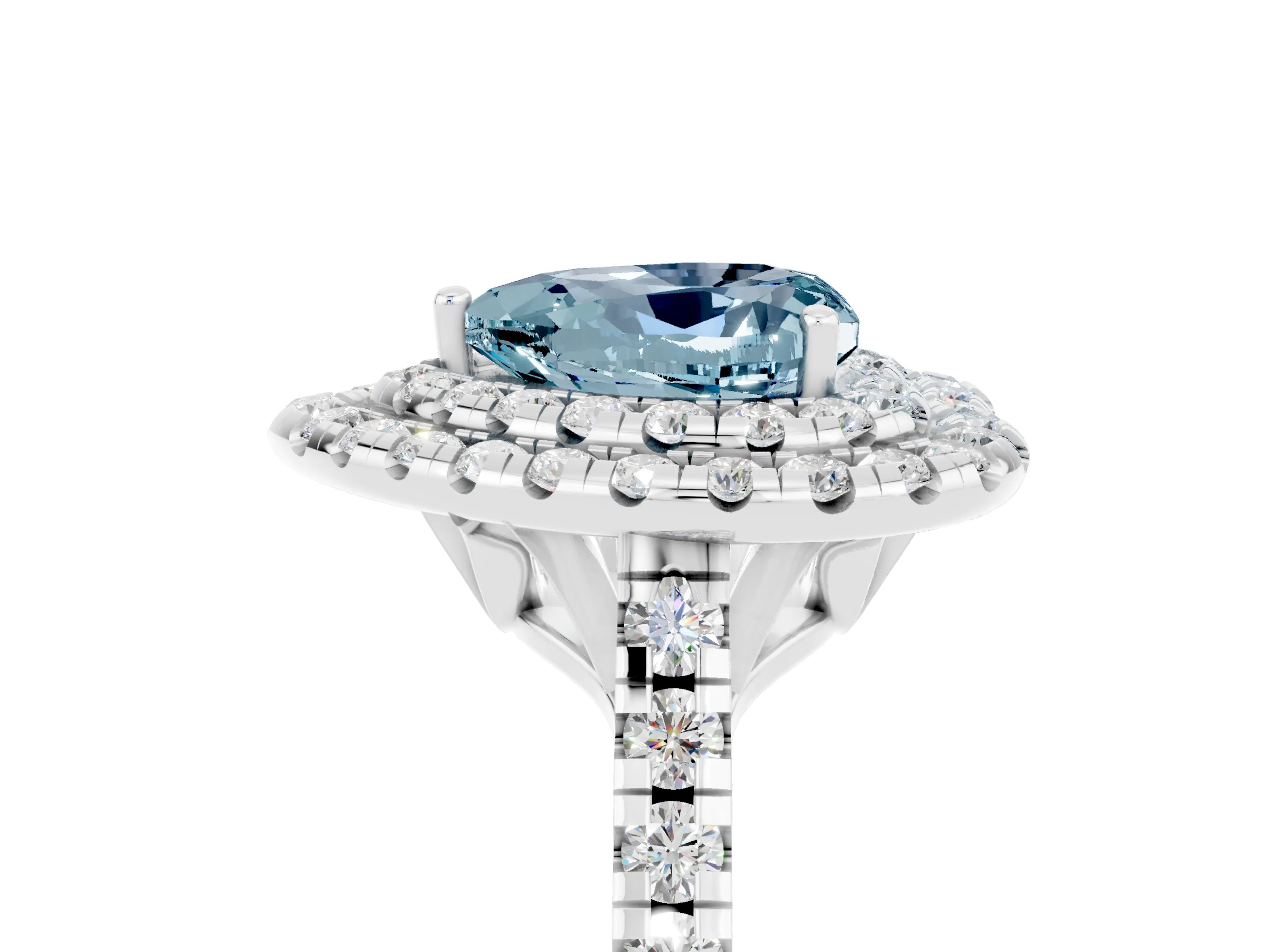White gold Double Halo Heart Cut Aquamarine Pavé Band with Four-Prong Setting_5