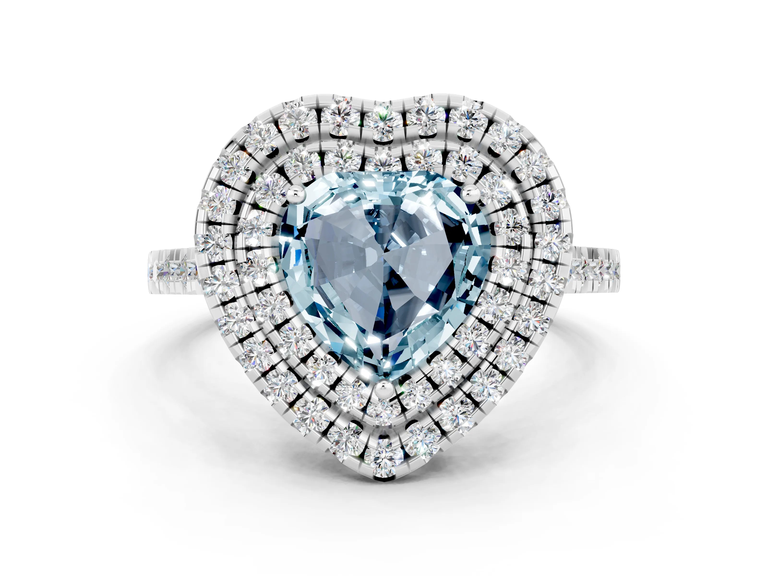 White gold Double Halo Heart Cut Aquamarine Pavé Band with Four-Prong Setting