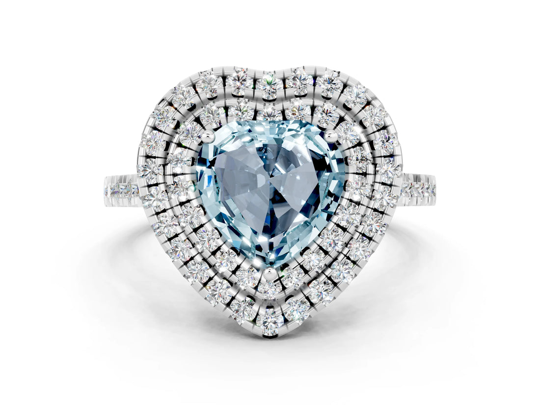 White gold Double Halo Heart Cut Aquamarine Pavé Band with Four-Prong Setting