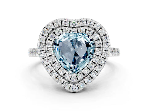 White gold Double Halo Heart Cut Aquamarine Pavé Band with Four-Prong Setting