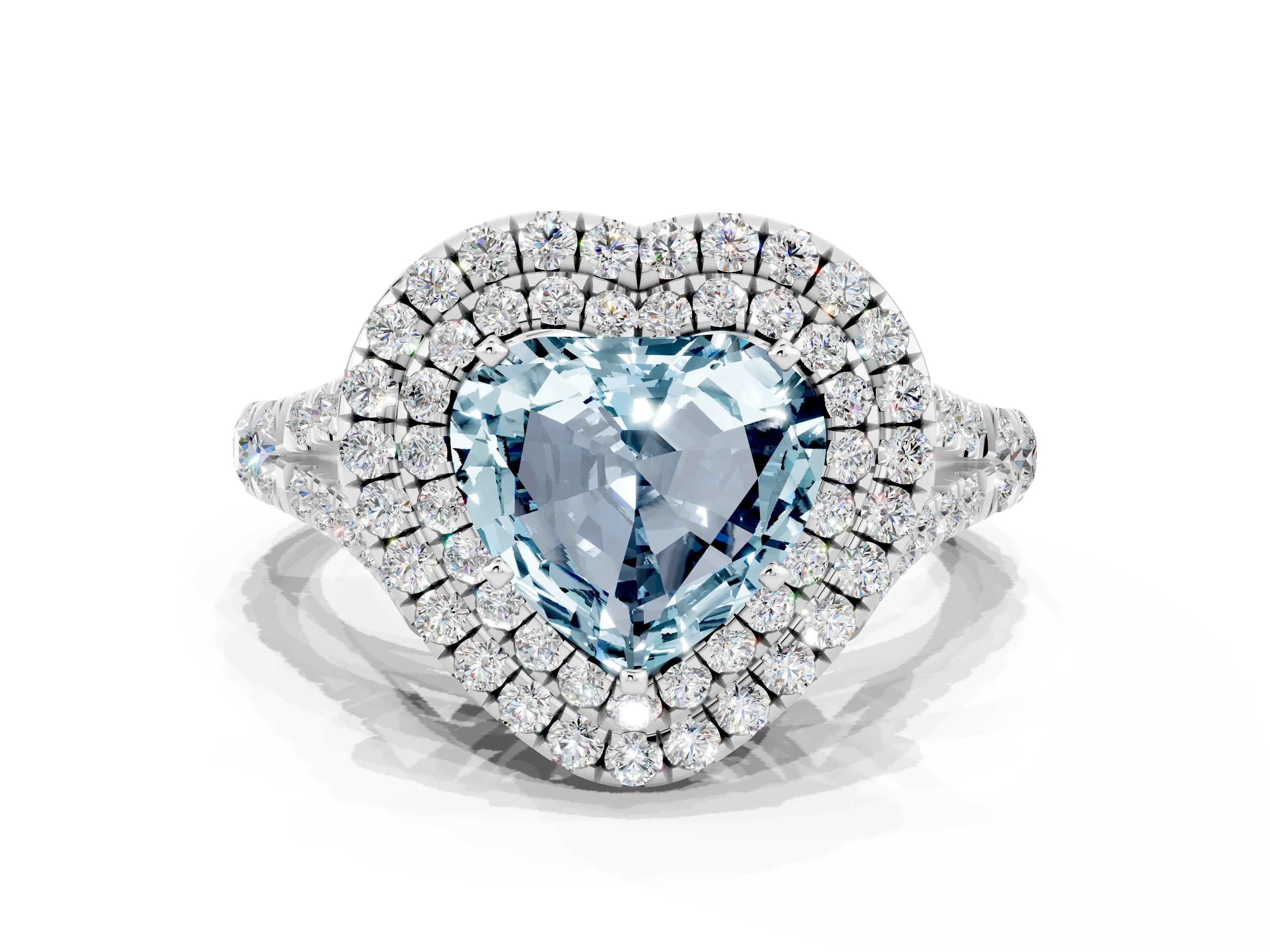 White gold Double Halo Heart Cut Aquamarine Pavé Split Shank Ring with Prong Setting