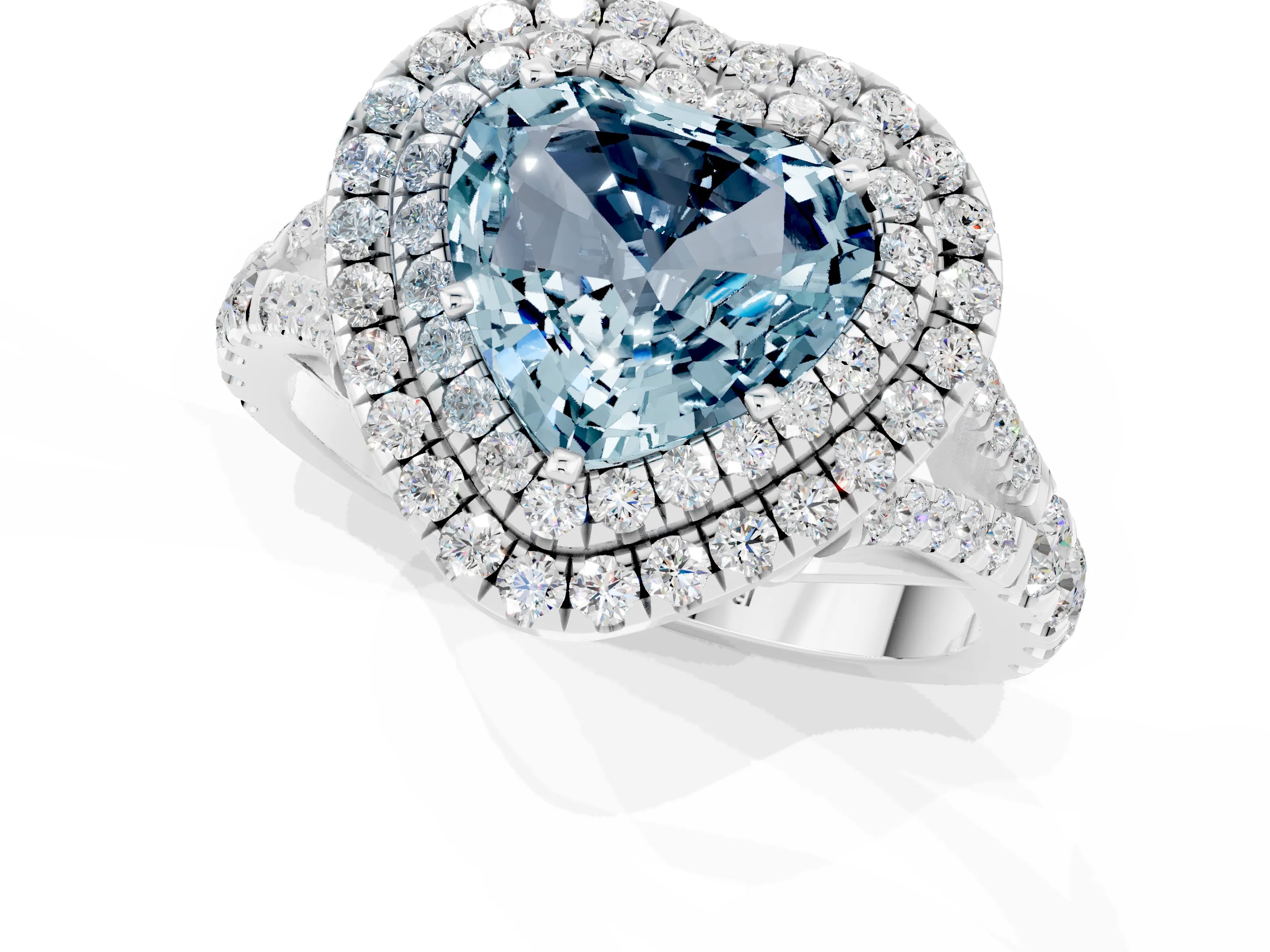 White gold Double Halo Heart Cut Aquamarine Pavé Split Shank Ring with Prong Setting_1