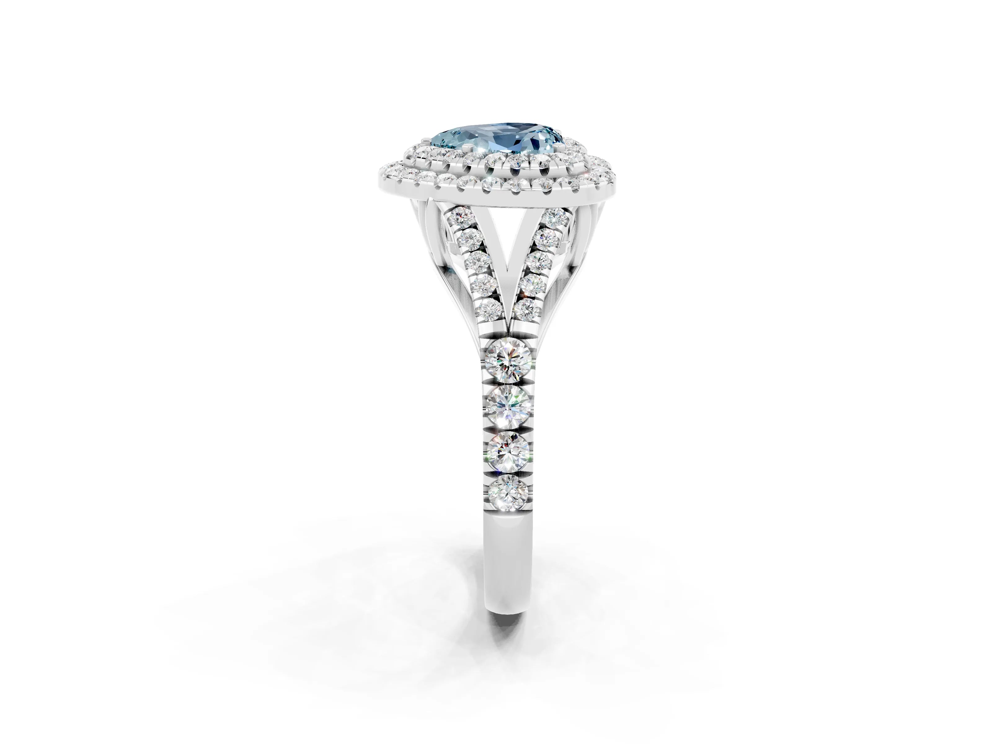 White gold Double Halo Heart Cut Aquamarine Pavé Split Shank Ring with Prong Setting_2