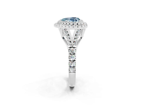 White gold Double Halo Heart Cut Aquamarine Pavé Split Shank Ring with Prong Setting_2