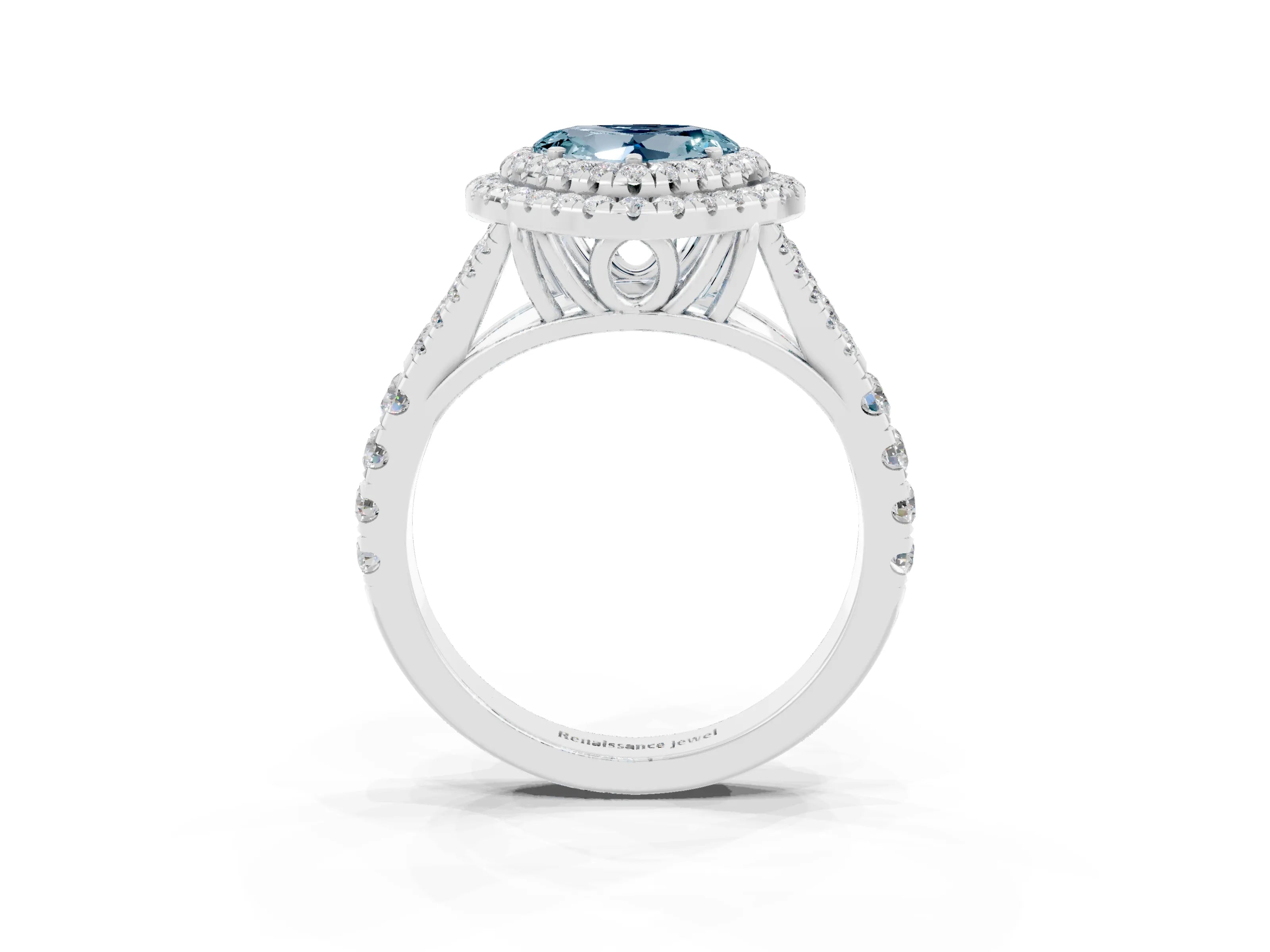 White gold Double Halo Heart Cut Aquamarine Pavé Split Shank Ring with Prong Setting_3