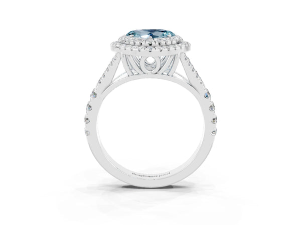 Silver Double Halo Heart Cut Aquamarine Pavé Split Shank Ring with Prong Setting