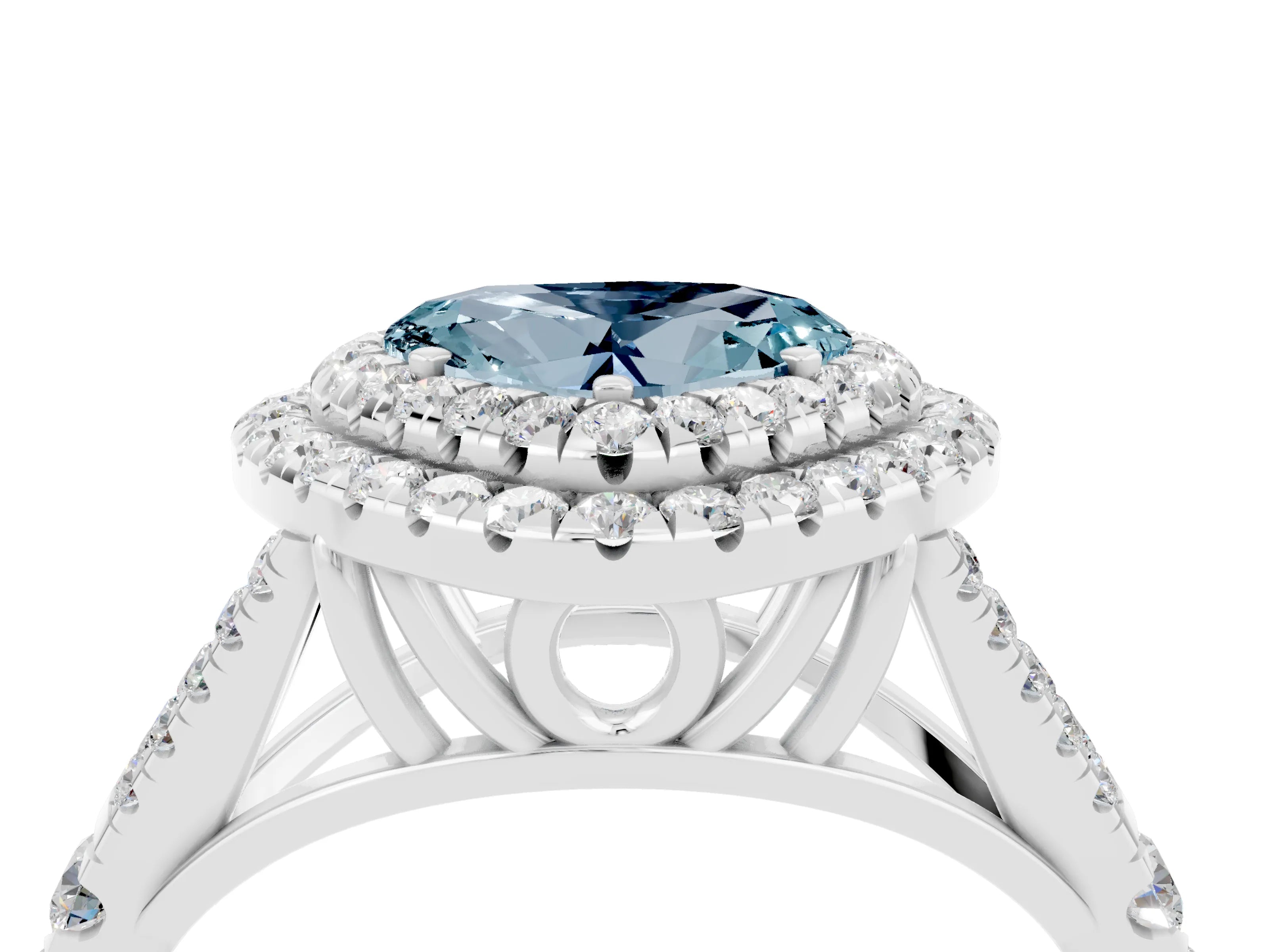 White gold Double Halo Heart Cut Aquamarine Pavé Split Shank Ring with Prong Setting_4