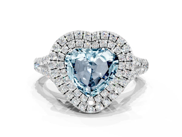 Silver Double Halo Heart Cut Aquamarine Pavé Split Shank Ring with Prong Setting
