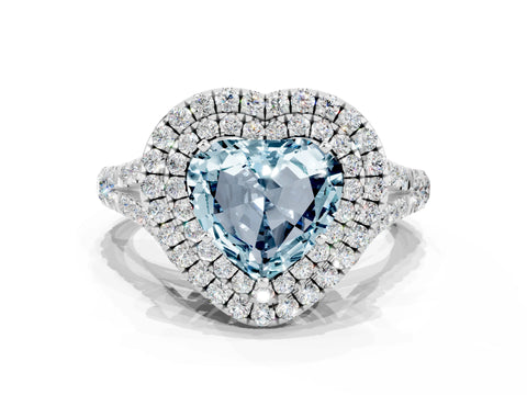 White gold Double Halo Heart Cut Aquamarine Pavé Split Shank Ring with Prong Setting