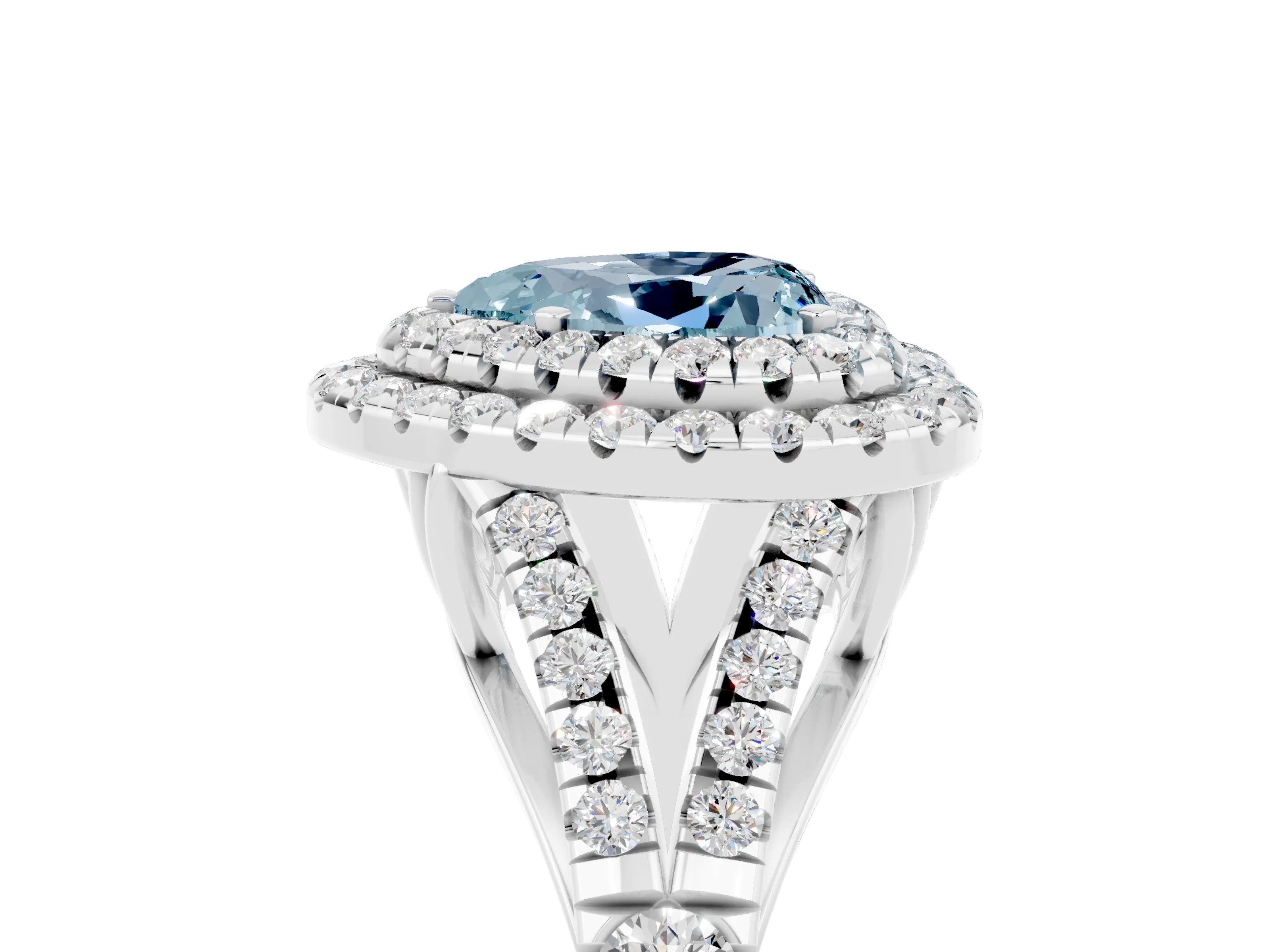 White gold Double Halo Heart Cut Aquamarine Split Shank Engagement Ring with Four-Prong Setting_5