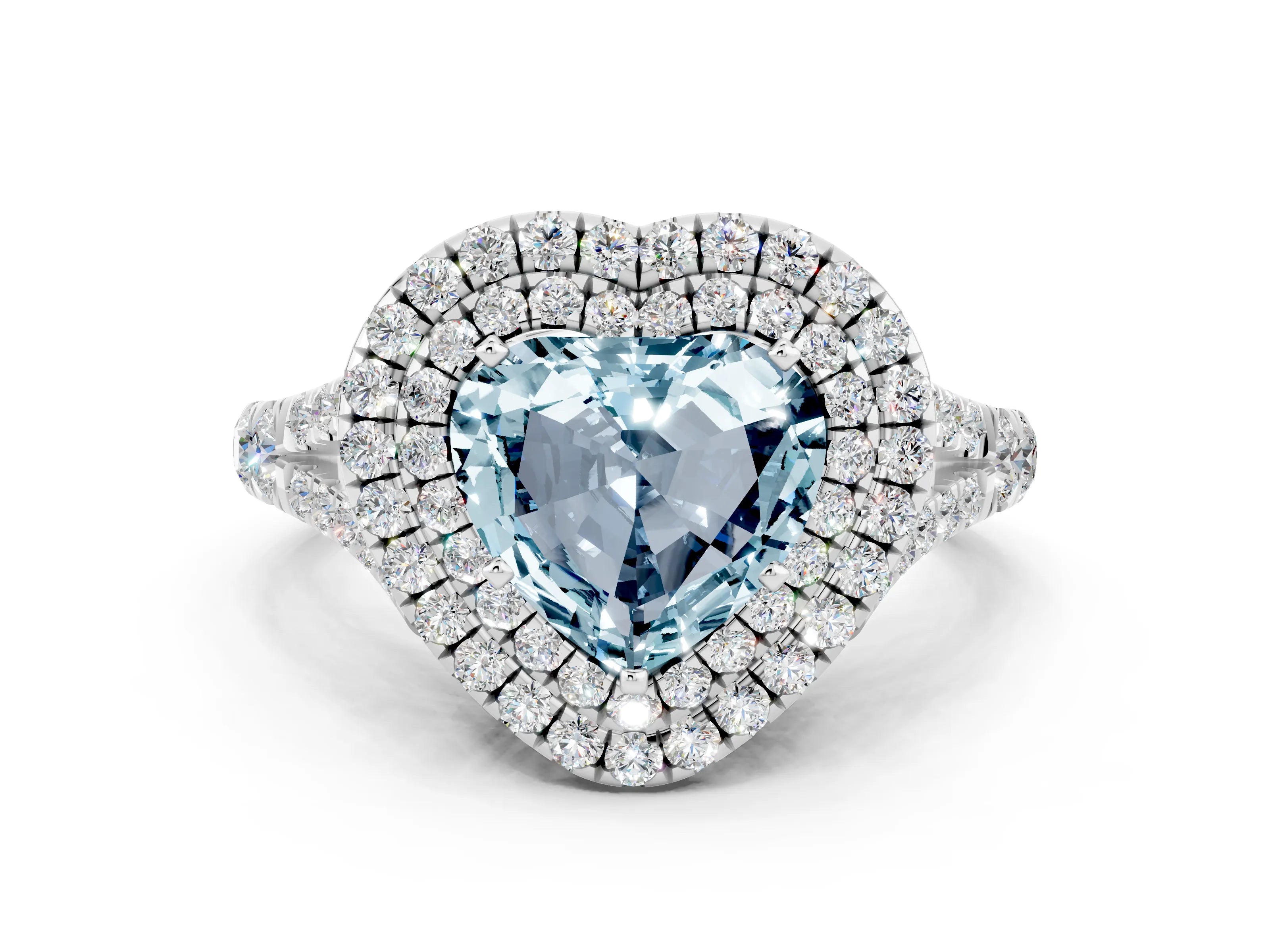 White gold Double Halo Heart Cut Aquamarine Split Shank Engagement Ring with Four-Prong Setting