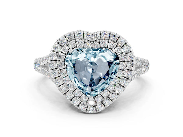 White gold Double Halo Heart Cut Aquamarine Split Shank Engagement Ring with Four-Prong Setting