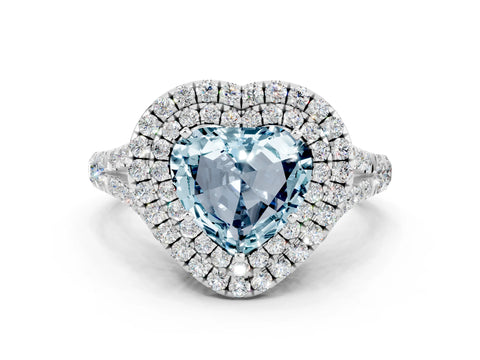 White gold Double Halo Heart Cut Aquamarine Split Shank Engagement Ring with Four-Prong Setting
