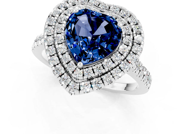 Silver Double Halo Heart Cut Blue Sapphire Pavé Band with Four-Prong Setting