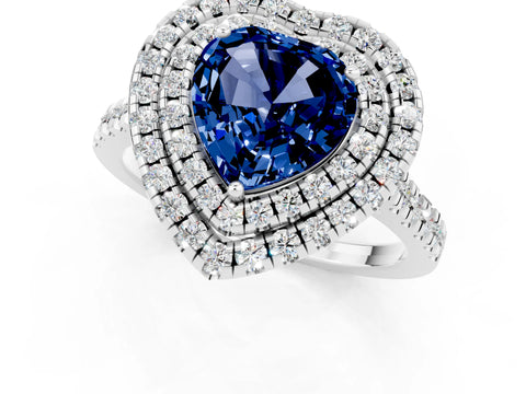 White gold Double Halo Heart Cut Blue Sapphire Pavé Band with Four-Prong Setting_1