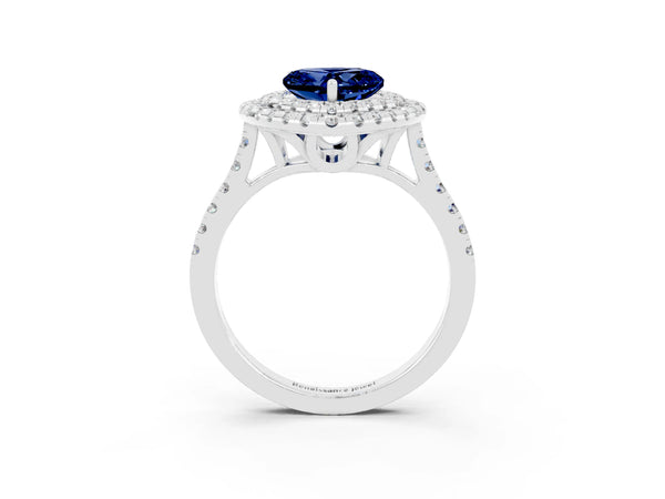 Silver Double Halo Heart Cut Blue Sapphire Pavé Band with Four-Prong Setting