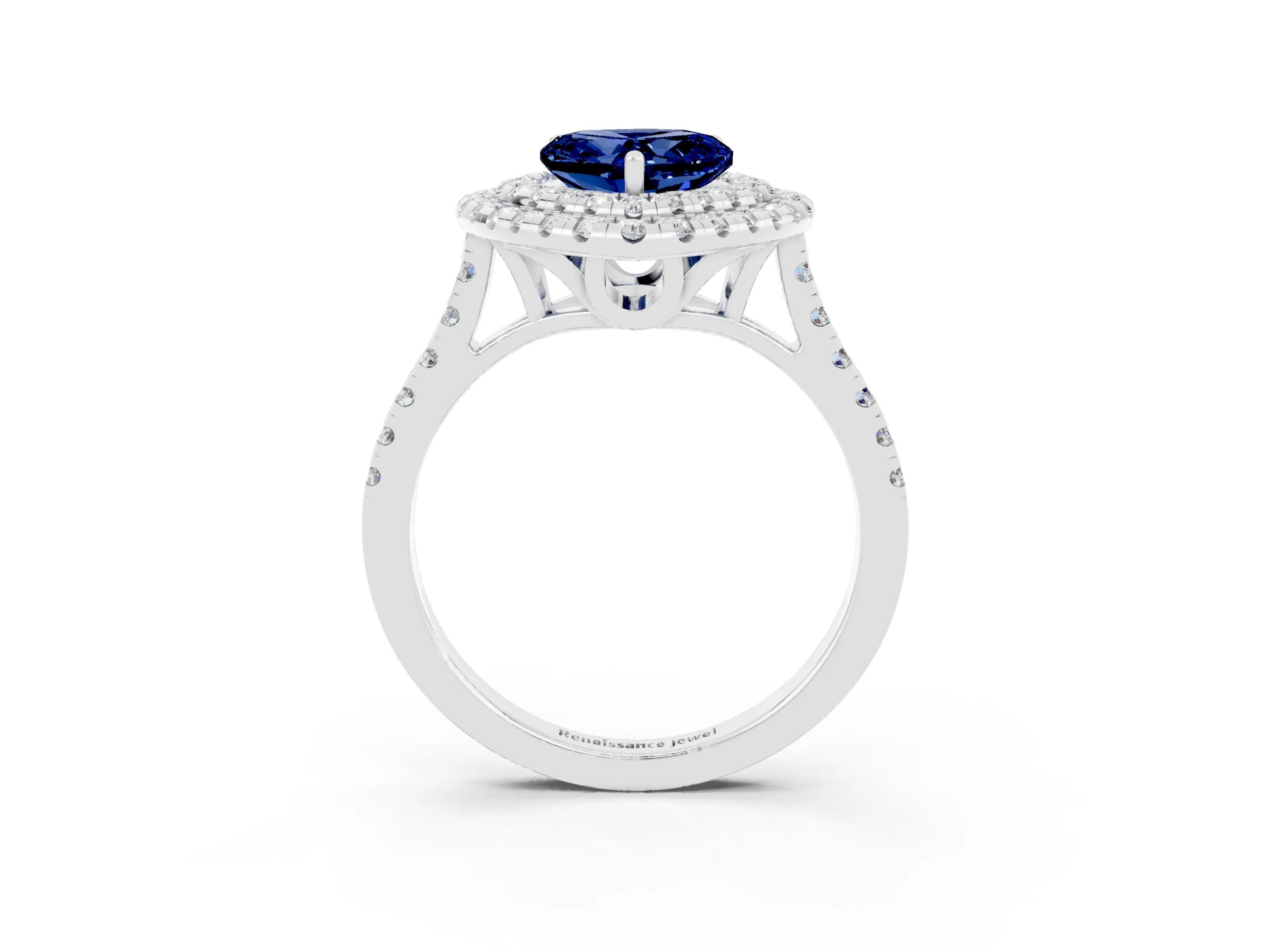 White gold Double Halo Heart Cut Blue Sapphire Pavé Band with Four-Prong Setting_3