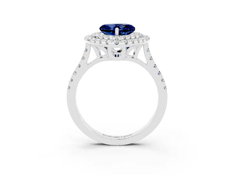 White gold Double Halo Heart Cut Blue Sapphire Pavé Band with Four-Prong Setting_3