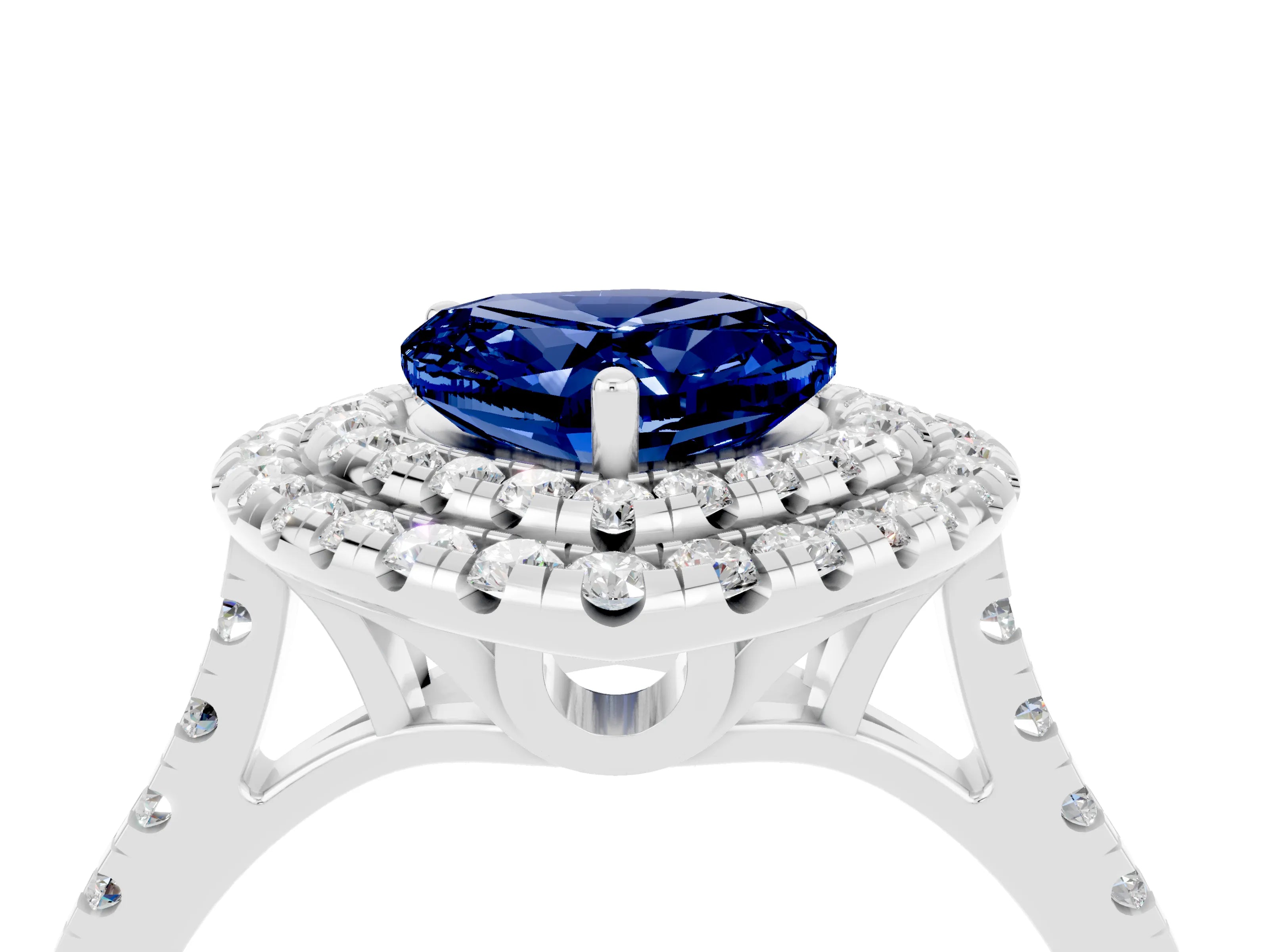 White gold Double Halo Heart Cut Blue Sapphire Pavé Band with Four-Prong Setting_4