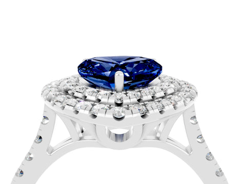 White gold Double Halo Heart Cut Blue Sapphire Pavé Band with Four-Prong Setting_4