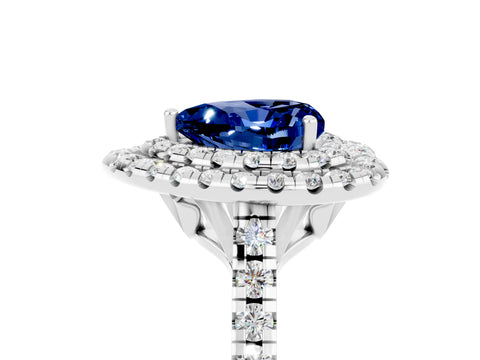 White gold Double Halo Heart Cut Blue Sapphire Pavé Band with Four-Prong Setting_5