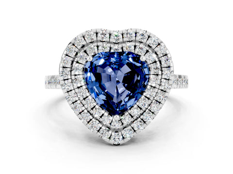 White gold Double Halo Heart Cut Blue Sapphire Pavé Band with Four-Prong Setting