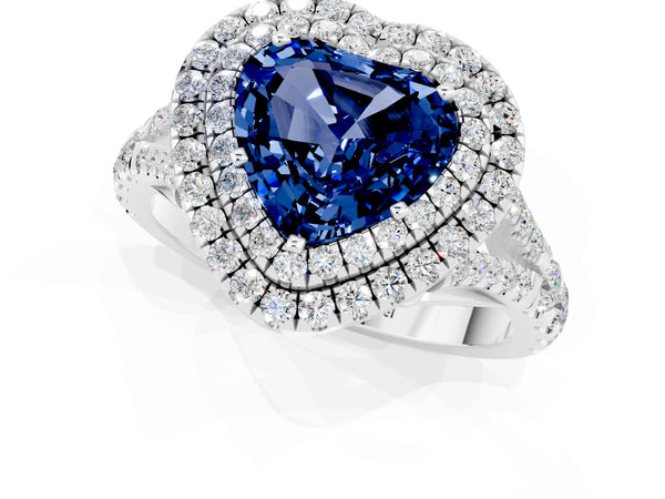 Platinum Double Halo Heart Cut Blue Sapphire Pavé Split Shank Ring with Prong Setting