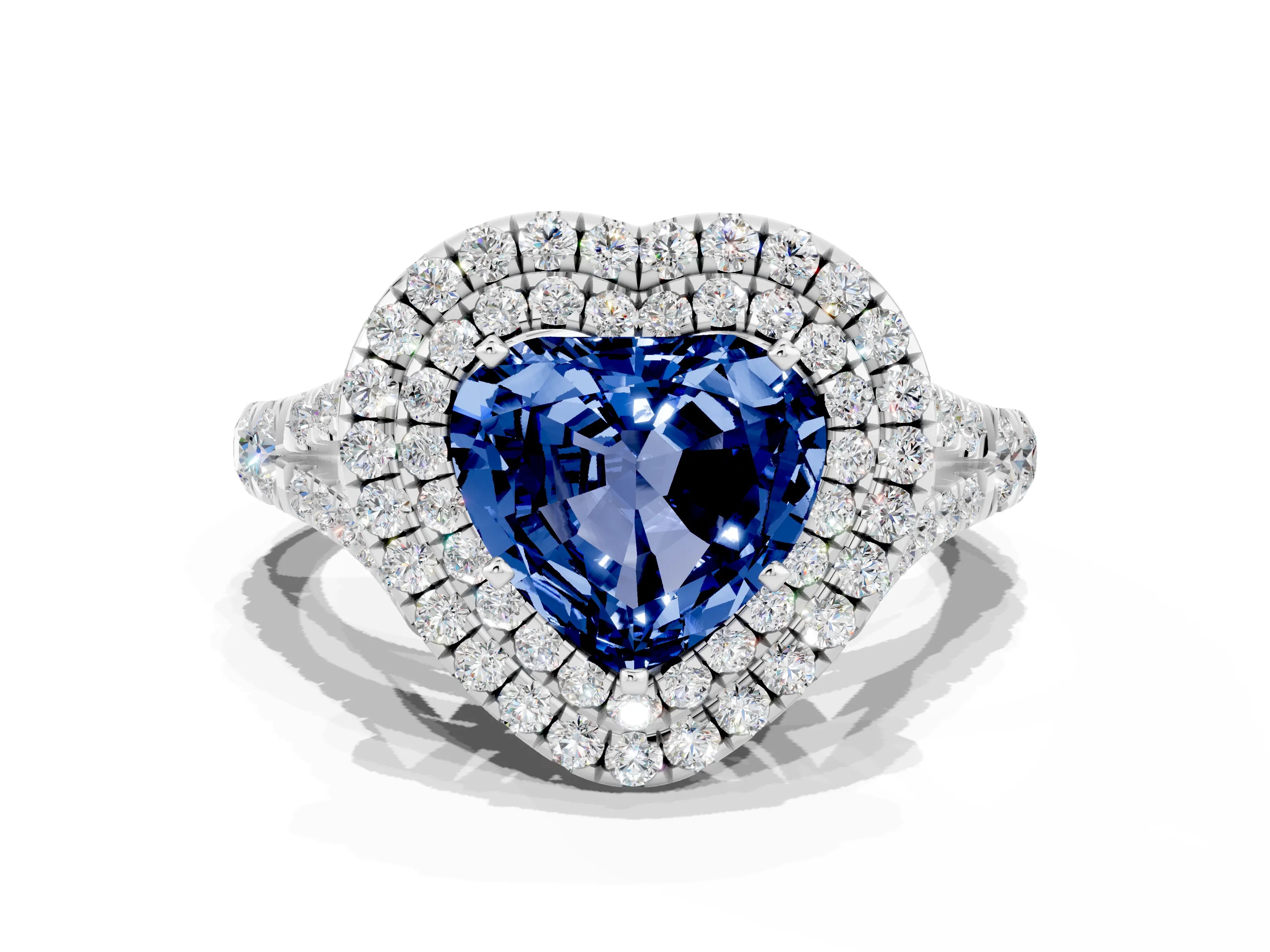 White gold Double Halo Heart Cut Blue Sapphire Pavé Split Shank Ring with Prong Setting