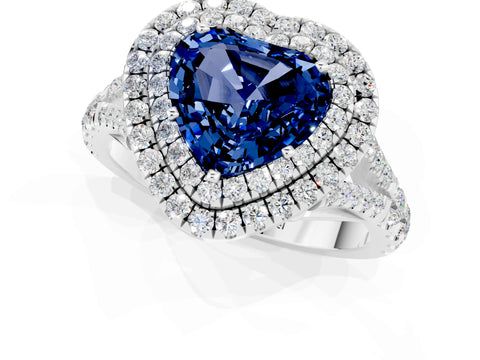 White gold Double Halo Heart Cut Blue Sapphire Pavé Split Shank Ring with Prong Setting_1