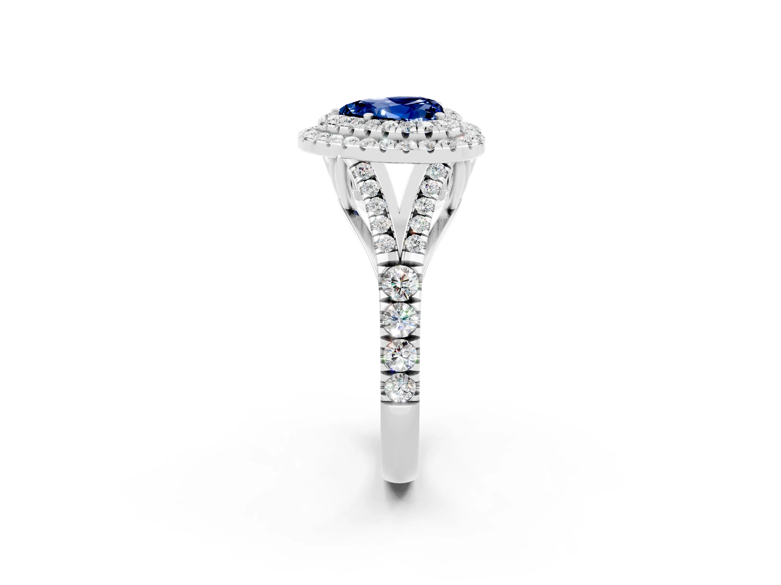 White gold Double Halo Heart Cut Blue Sapphire Pavé Split Shank Ring with Prong Setting_2