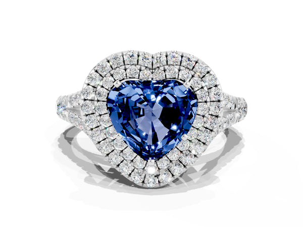 Silver Double Halo Heart Cut Blue Sapphire Pavé Split Shank Ring with Prong Setting