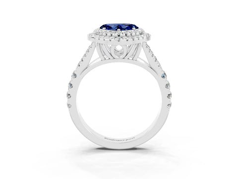 White gold Double Halo Heart Cut Blue Sapphire Pavé Split Shank Ring with Prong Setting_3