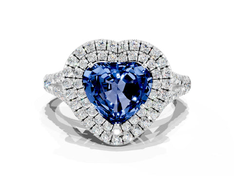 White gold Double Halo Heart Cut Blue Sapphire Pavé Split Shank Ring with Prong Setting