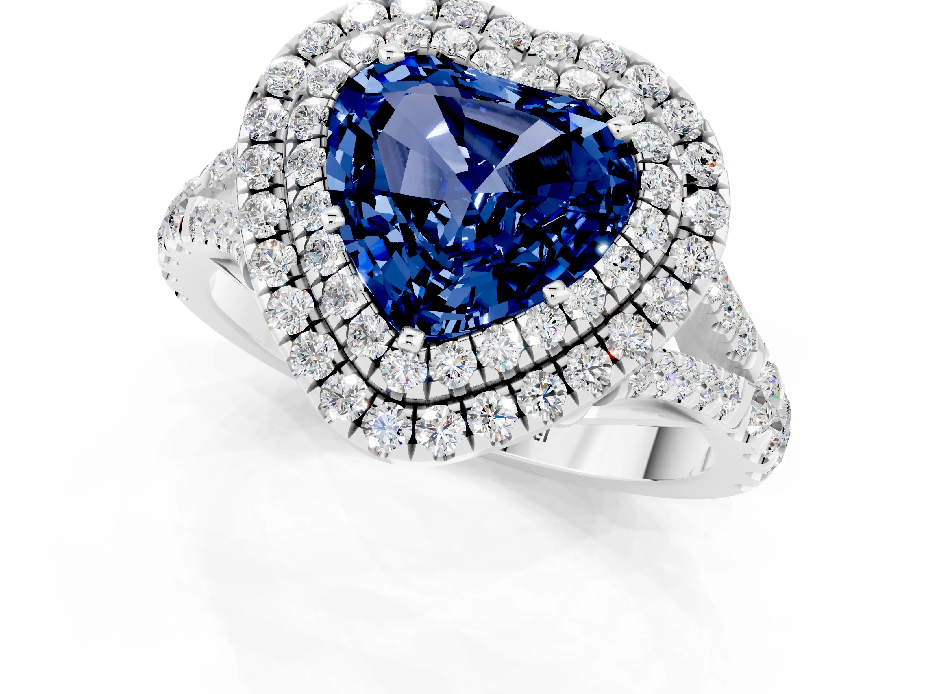 White gold Double Halo Heart Cut Blue Sapphire Split Shank Engagement Ring with Four-Prong Setting_1