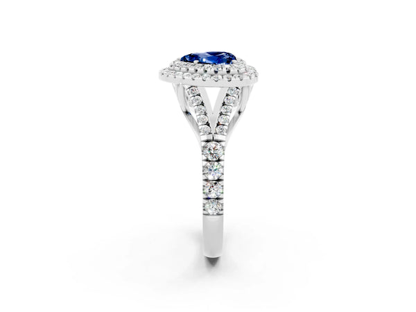 Silver Double Halo Heart Cut Blue Sapphire Split Shank Engagement Ring with Four-Prong Setting