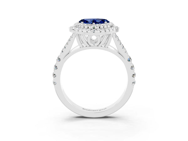 Platinum Double Halo Heart Cut Blue Sapphire Split Shank Engagement Ring with Four-Prong Setting
