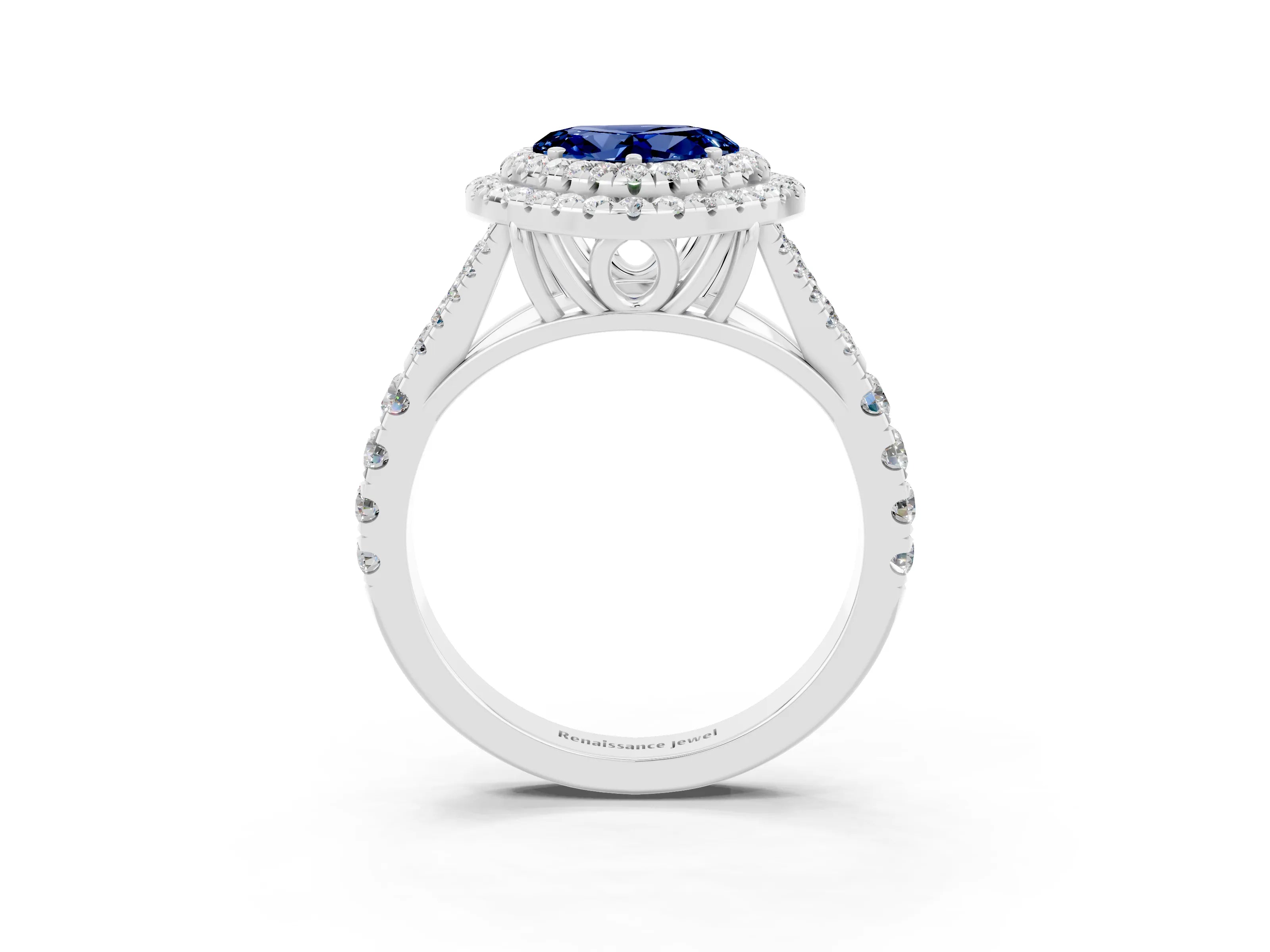 White gold Double Halo Heart Cut Blue Sapphire Split Shank Engagement Ring with Four-Prong Setting_3