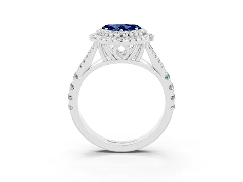 White gold Double Halo Heart Cut Blue Sapphire Split Shank Engagement Ring with Four-Prong Setting_3