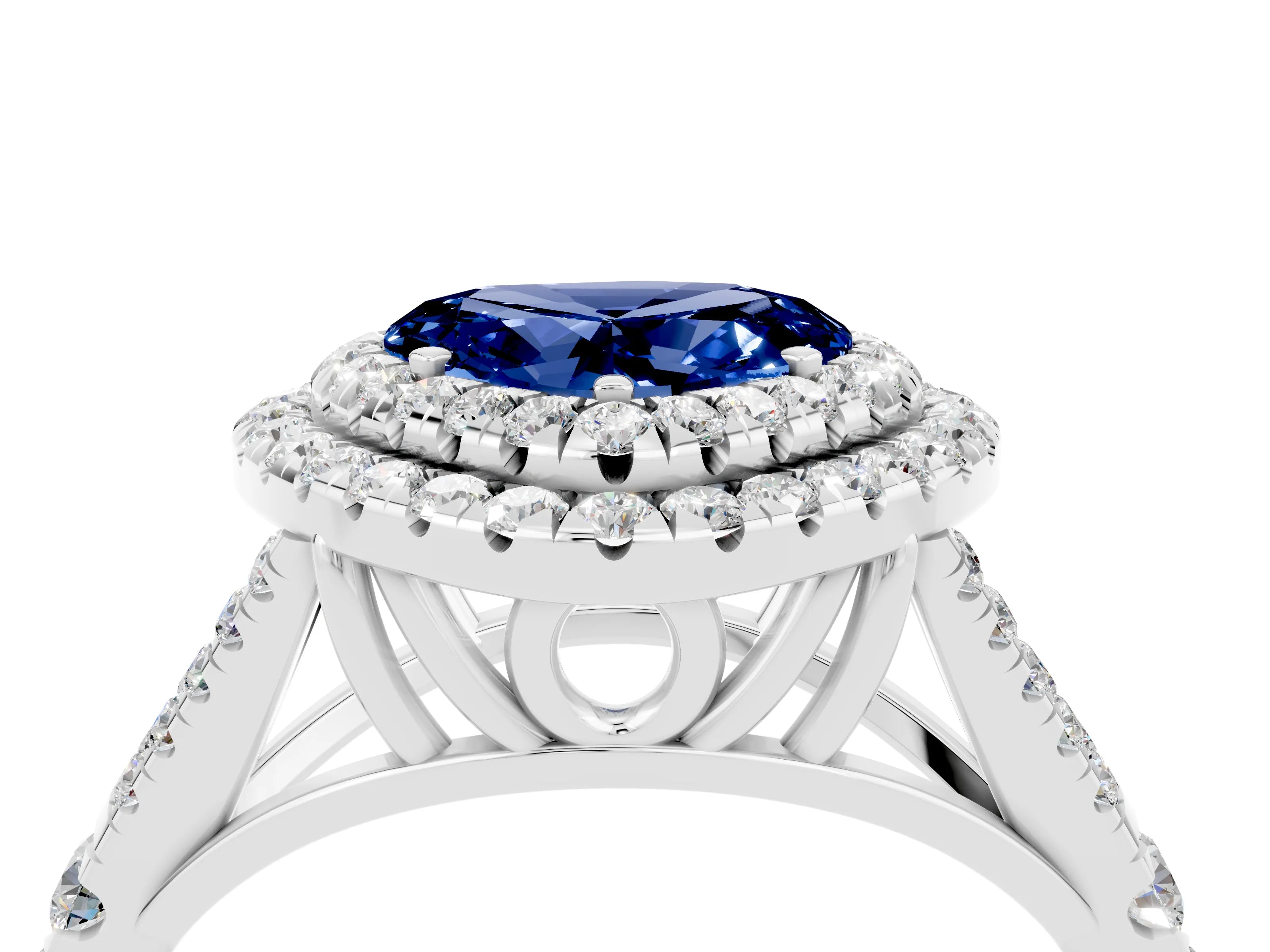 White gold Double Halo Heart Cut Blue Sapphire Split Shank Engagement Ring with Four-Prong Setting_4