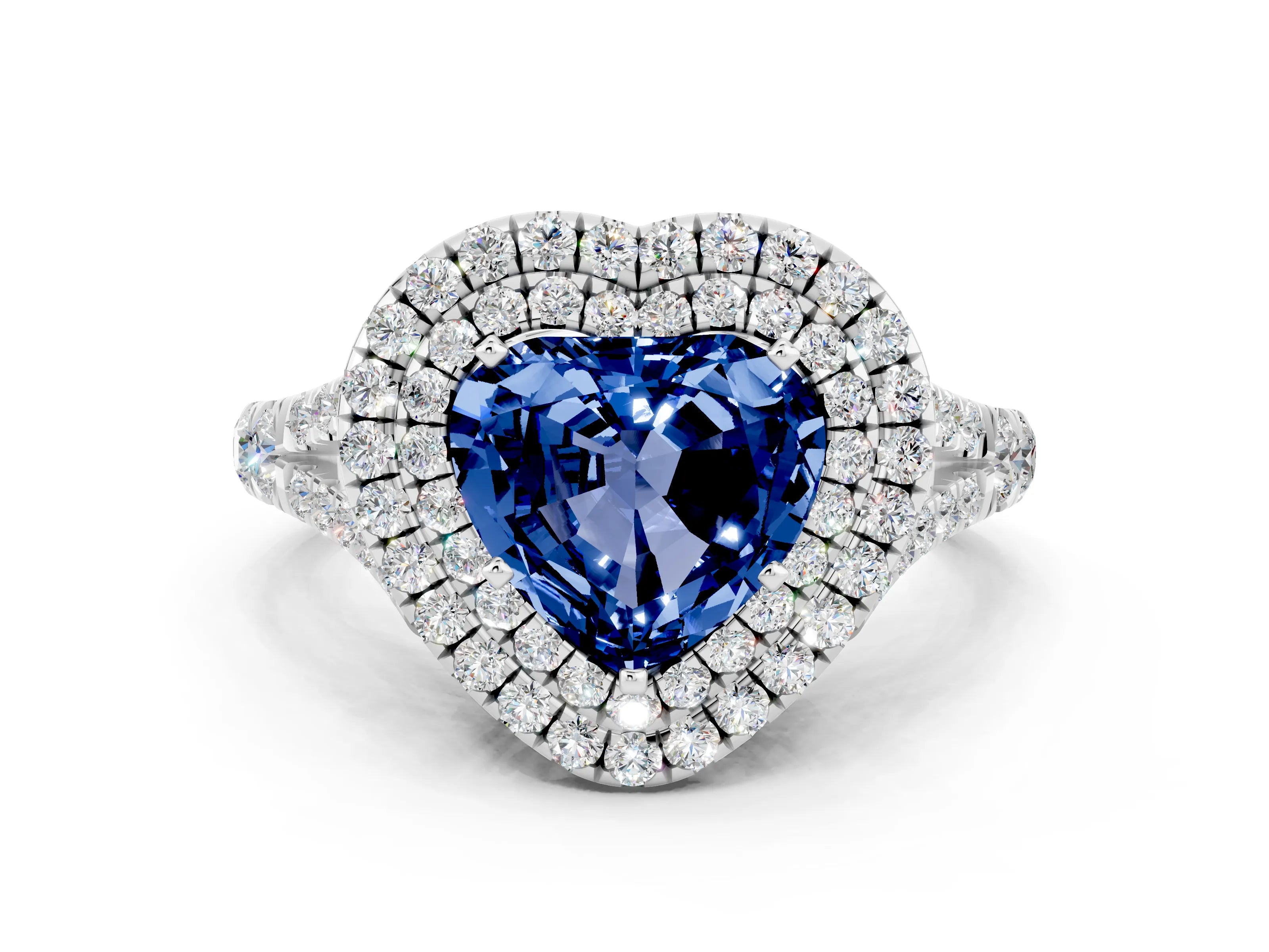White gold Double Halo Heart Cut Blue Sapphire Split Shank Engagement Ring with Four-Prong Setting