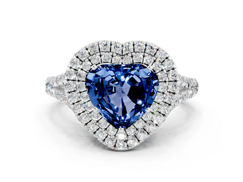 White gold Double Halo Heart Cut Blue Sapphire Split Shank Engagement Ring with Four-Prong Setting