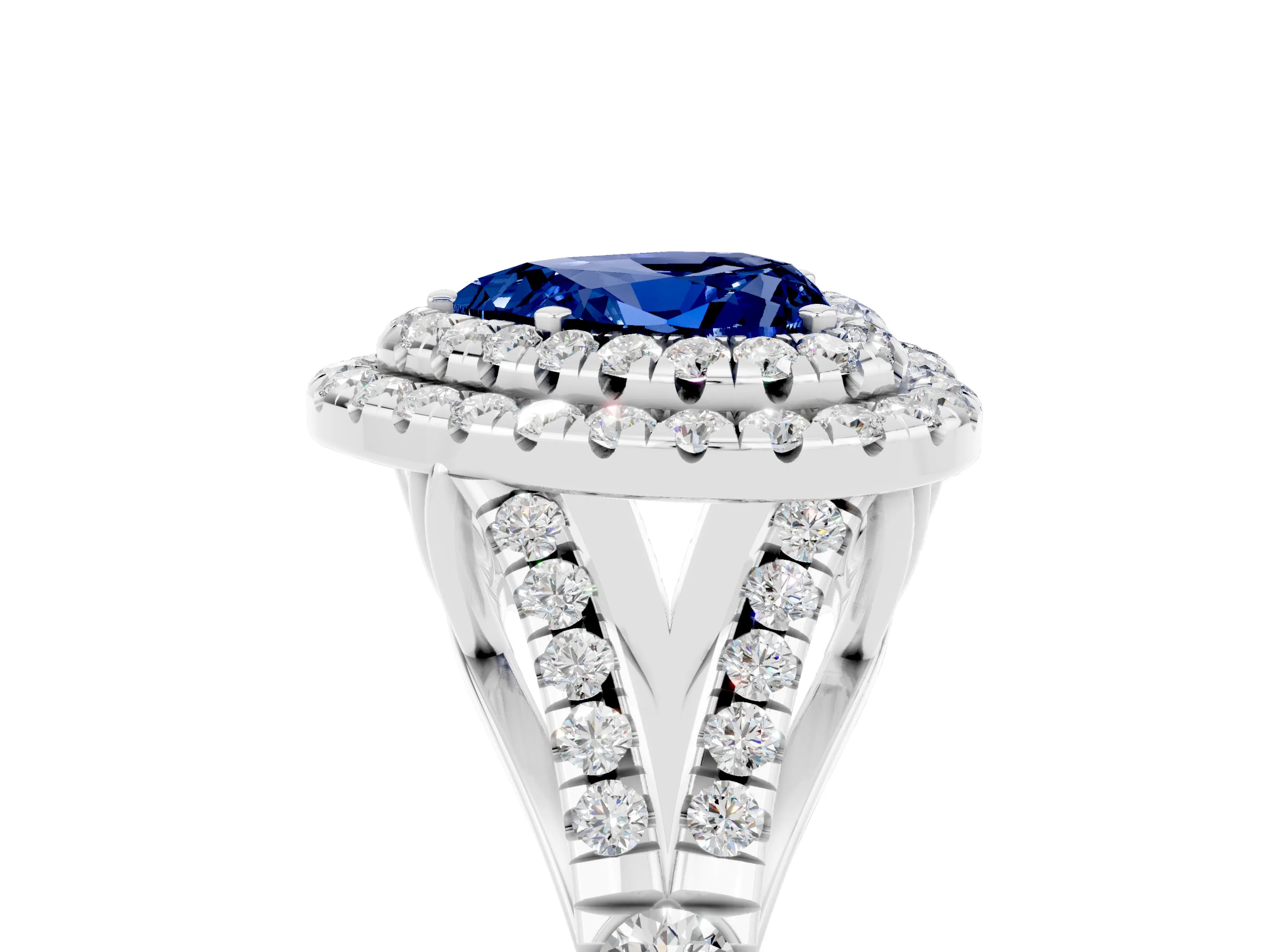 White gold Double Halo Heart Cut Blue Sapphire Split Shank Engagement Ring with Four-Prong Setting_5