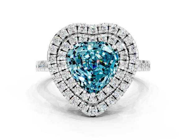 Platinum Double Halo Heart Cut Blue Topaz Pavé Band with Four-Prong Setting