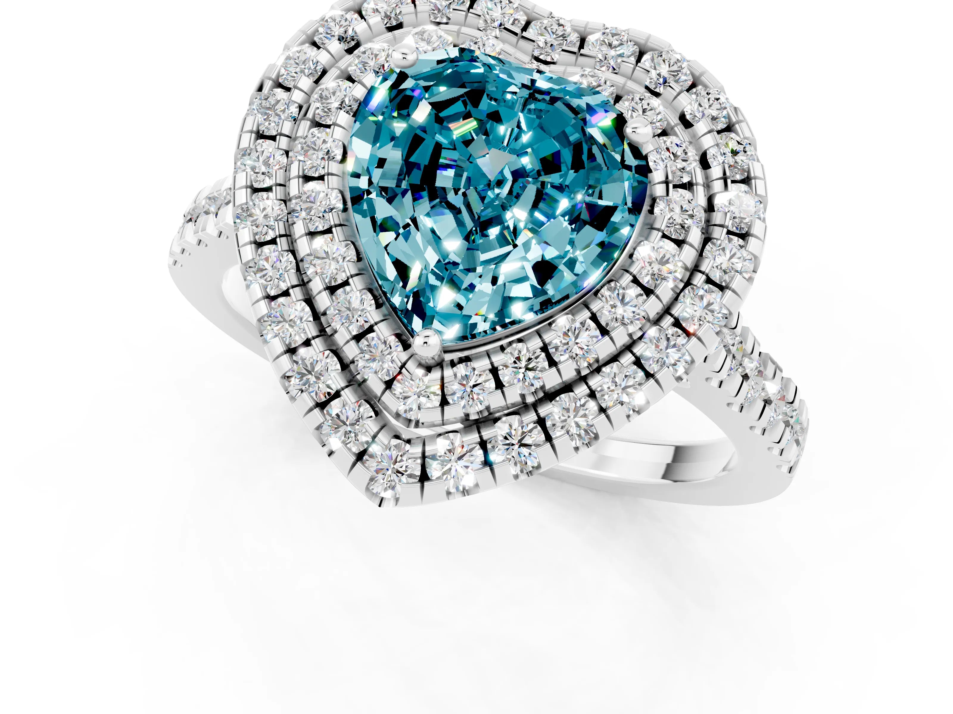 White gold Double Halo Heart Cut Blue Topaz Pavé Band with Four-Prong Setting_1